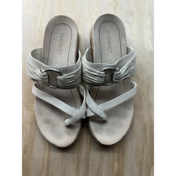 Vionic Landyn Leather Suede Cork-Wrapped Sole Sandals Blue Shadow Size 9.5 EUC - Picture 1 of 5